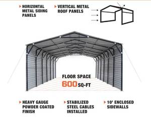 lot 3622 image: Unused TMG-MSC2030F Metal Garage Carport Shed 20FT x 30FT wsidewalls