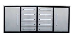 lot 727E image: Unused 2024 Steelman 7FT-10D Stainless Steel Work Bench with 10 Drawers &amp 2 Cabinets
