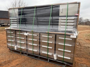 lot 20490 image: Stainless Steel Tool Cabinet with pegboard storage, 30 drawers and 2 Cabinets- 10 feet long