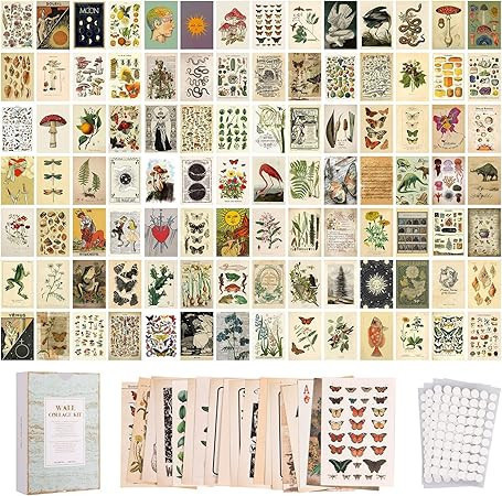lot 56547 image: 100PCS Vintage Photo Wall Collage Kit Aesthetic Posters, Double-Sided Printed Botanical Illustration Tarot Aesthetic Pictures for Cottage Core Vintage Room Decor (Vintage Set of 200Pictures)