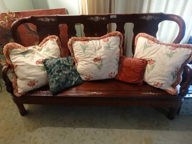 lot 351 image: Large, Very Heavy Asian Design Carved Wood Sofa wMother of Pearl Inlay.  Includes Pillows.