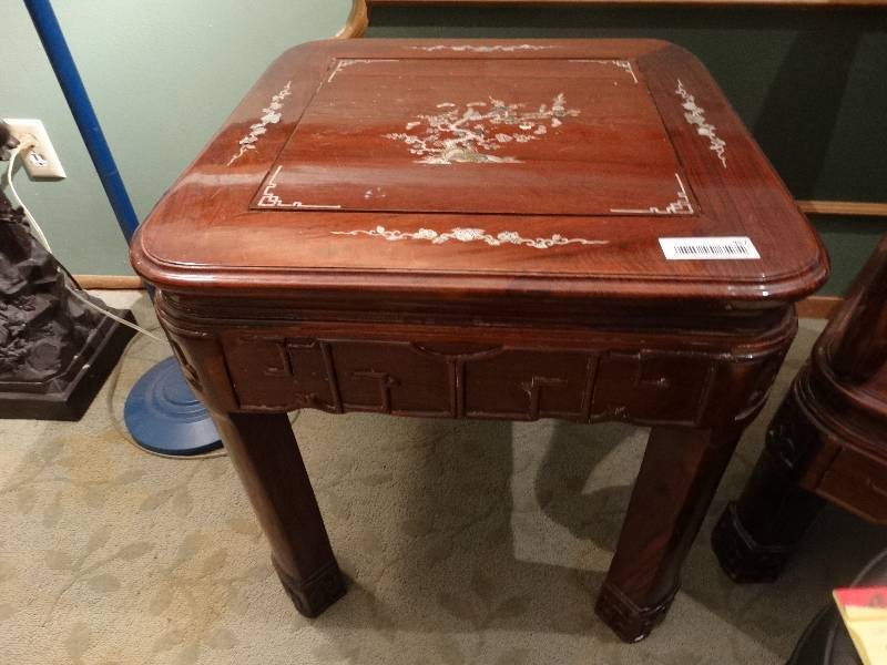 lot 357 image: Heavy Asian Design Carved Wood End Table wMother of Pearl Inlay.  Matches Lot #s 351, 354, 364.