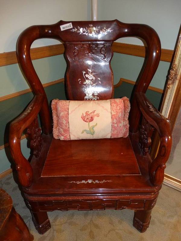 lot 364 image: Large, Heavy Asian Design Carved Wood Arm Chair wMother of Pearl Inlay. Includes Pillow.  Matches #351, 354, 357.