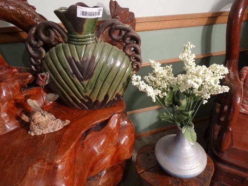 lot 365 image: Green Vase, Blue Vase wFlowers, & Metal Rose wWood Base.