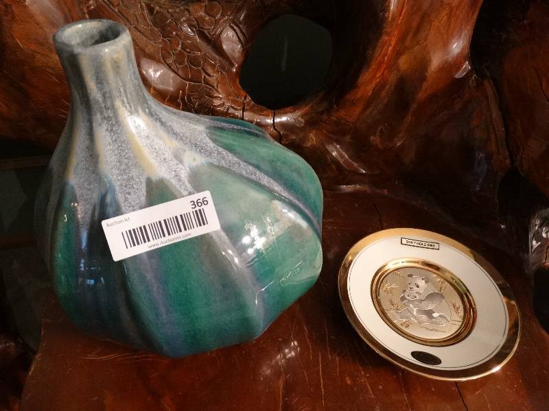 lot 366 image: Green Drip Vase wFlowers, Panda Plate wGold Trim, Metal Planter.