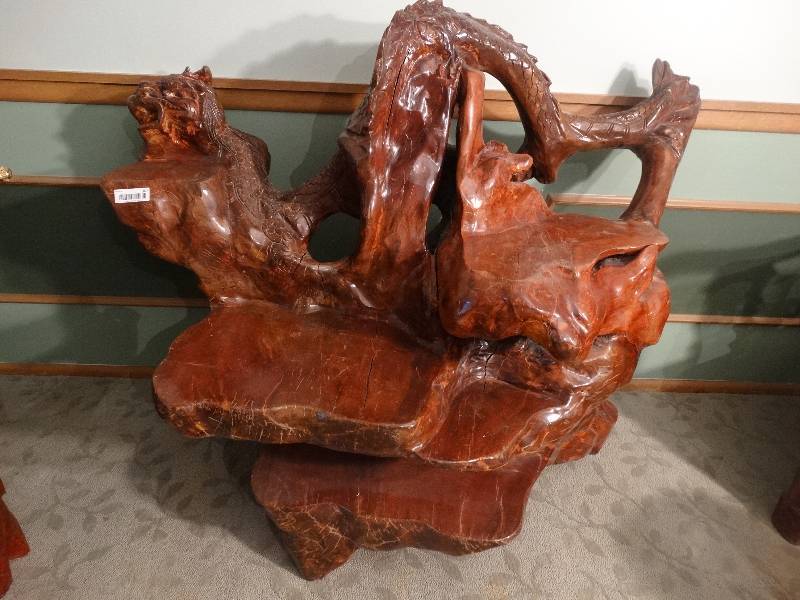 lot 367 image: Huge, Heavy Asian Design Carved Wood ShelfDisplay Piece wDragon Carving. Will take 2-3 people to move it.