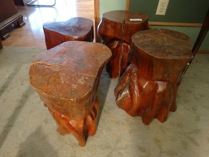 lot 368 image: 4 Heavy, Carved Wood Asian Design Stools - match Lot # 367.