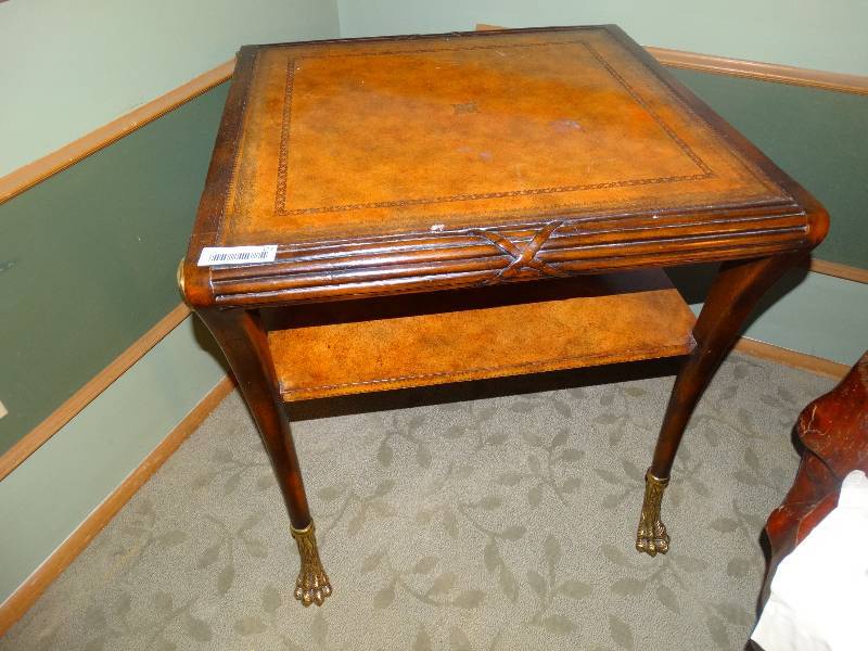 lot 373 image: Beautiful Antique Side Table wLeather Top & Brass Trim and Feet.