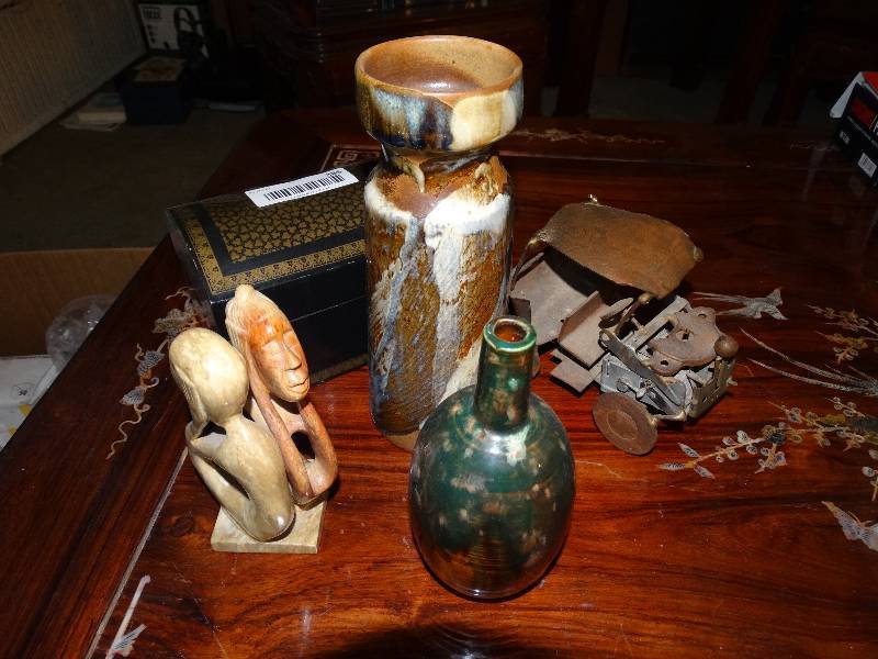 lot 385 image: Lot of Decor - Vases, Trinket Box, Metal Parts Car, Marble Carving.