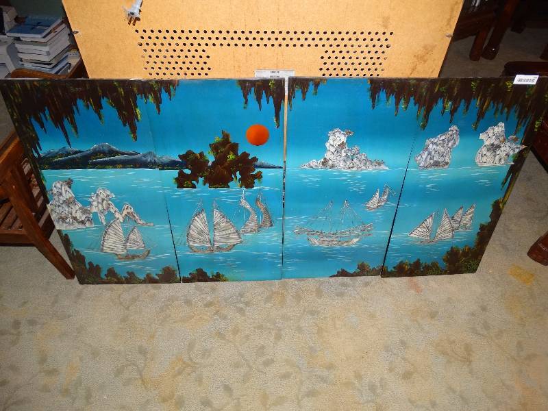 lot 388 image: Large 4 Panel Seascape Wall Art - with Mother of Pearl Inlay.