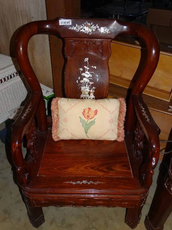 lot 406 image: Large, Heavy Asian Design Carved Wood Arm Chair wMother of Pearl Inlay. Includes Pillow.  Matches #351, 354, 357, 364, 386.