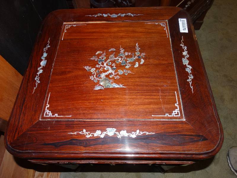 lot 409 image: Heavy Asian Design Carved Wood End Table wMother of Pearl Inlay.  Matches Lot #s 351, 354, 364, 386, 406, 410.