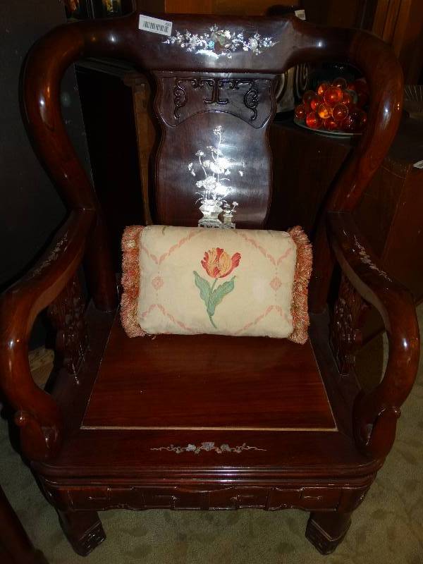 lot 410 image: Large, Heavy Asian Design Carved Wood Arm Chair wMother of Pearl Inlay. Includes Pillow.  Matches #351, 354, 357, 364, 386, 406, 409.
