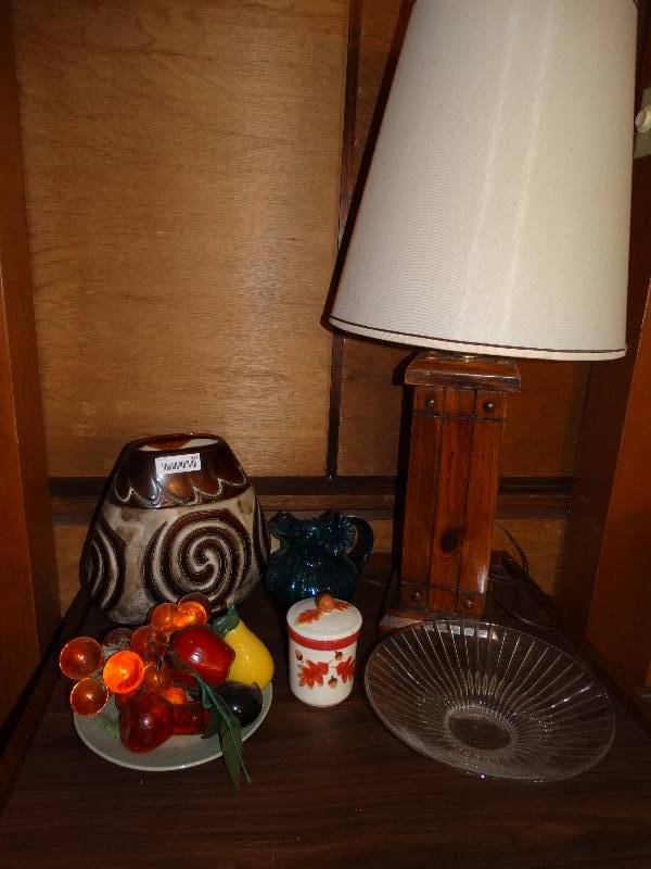 lot 411 image: Decor, Vases, Candle Jar, Crystal Bowl, Wood Lamp wShade.