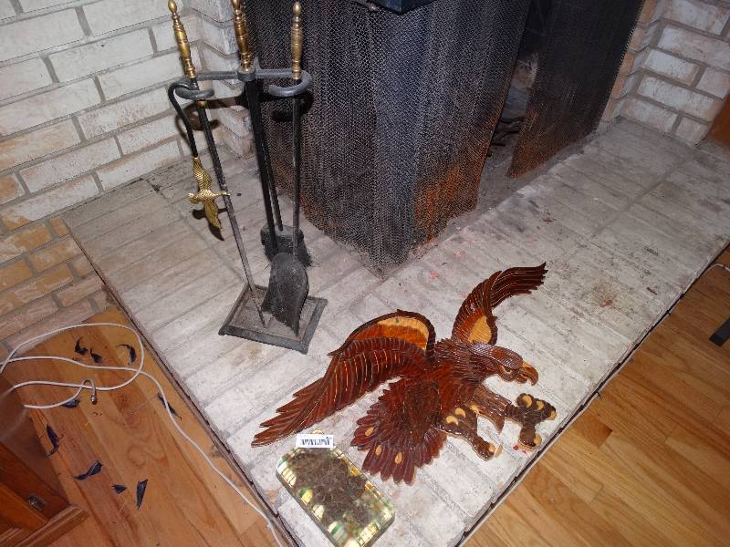 lot 456 image: Rattlesnake in Acrylic, Wood Eagle Wall Art, Iron Fireplace Set.