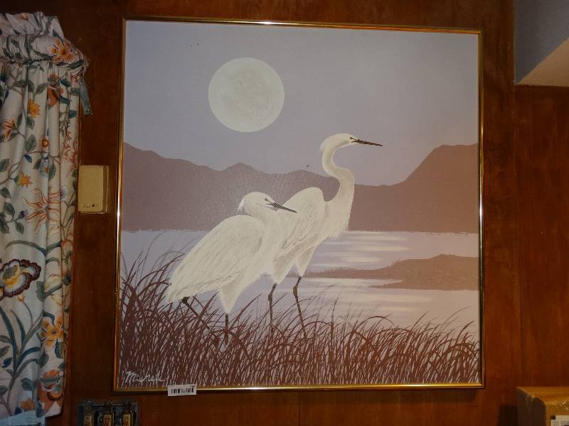 lot 460 image: Large Signed Painting of Cranes.