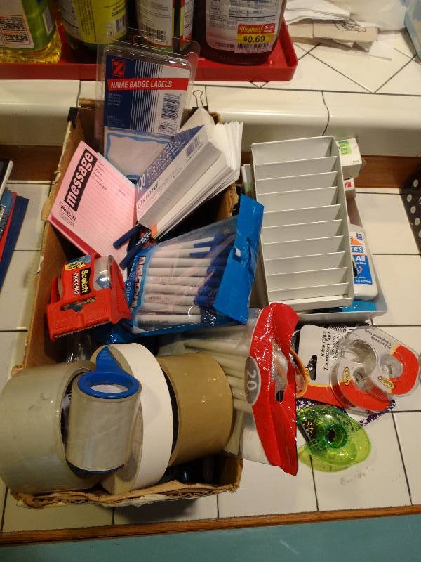 lot 464 image: Box of Pens, Note Pads, Note Cards, Labels, Markers, Office Supplies, Scissors, Glue.