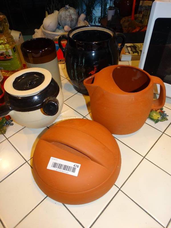 lot 476 image: Terra Cotta Kitchenware, Teapot, Cookie Jar, Wine Caddy.