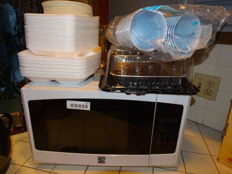lot 477 image: Kenmore Microwave, Disposable Cups, & Dinnerware.