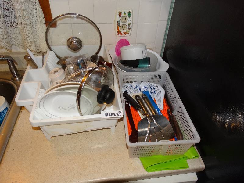 lot 493 image: Dish Drainer wContents, Tub of Utensils, Plasticware.