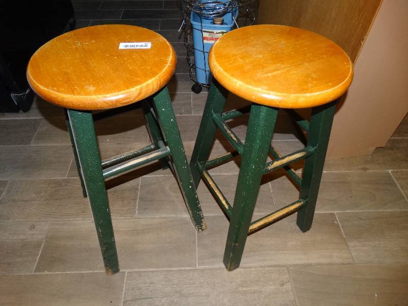 lot 497 image: Pair of Wood Stools wGreen Legs.