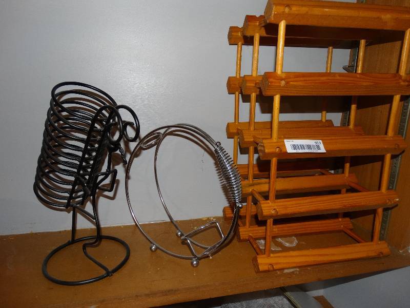 lot 913 image: Wood Wine Rack & 2 Metal Wine Bottle Holders.