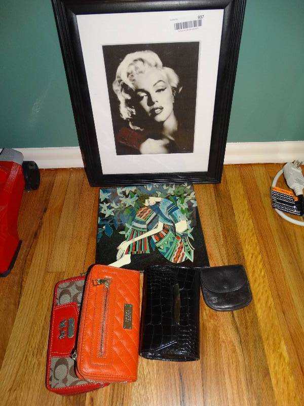 lot 937 image: Framed Art, Unopened Art Tile.  Coach, BCBG, Express Ladies Wallets & Coin Purse.