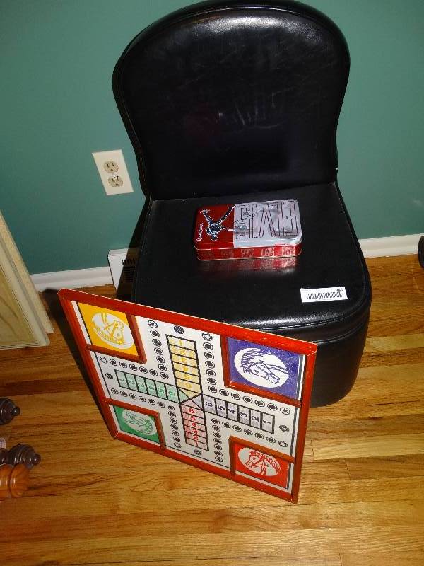 lot 941 image: Black Childs Chair on Wheels, Board Game, Tin wCards.