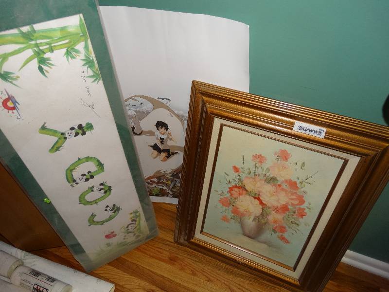 lot 944 image: Framed Floral Art, Name Painting, Asian Poster & Fabric Art.