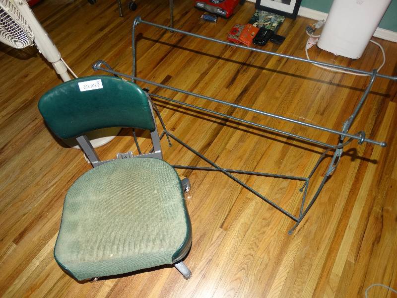 lot 949 image: Vintage Rolling Office Chair & Metal Quilt Rack.