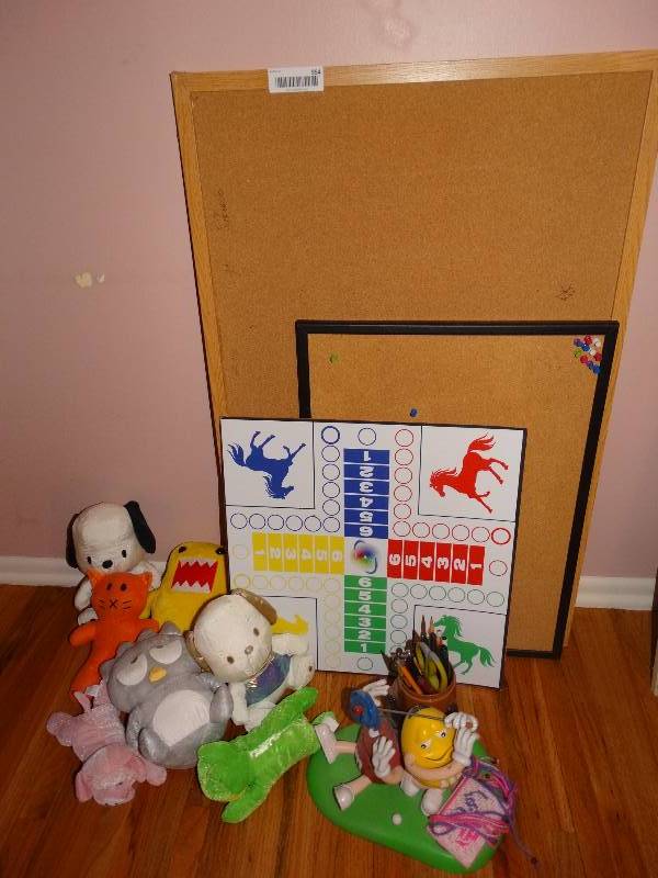 lot 954 image: Stuffed Toys, M&M Desk Caddy, Board Game, Bulletin Boards.