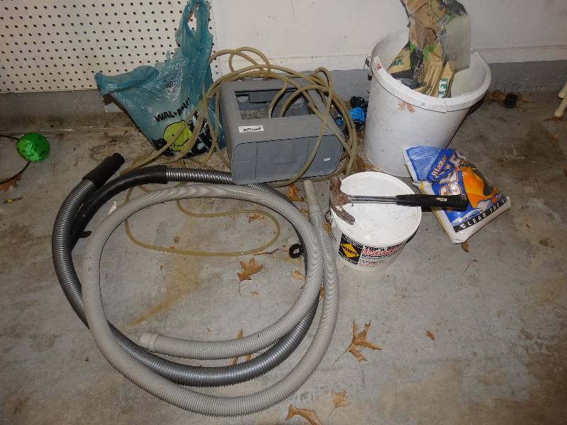 lot 968 image: Lot of Vacuum Attachments, Hoses, Concrete Patch, Hammer, Ice Melt, Tile Mortar.
