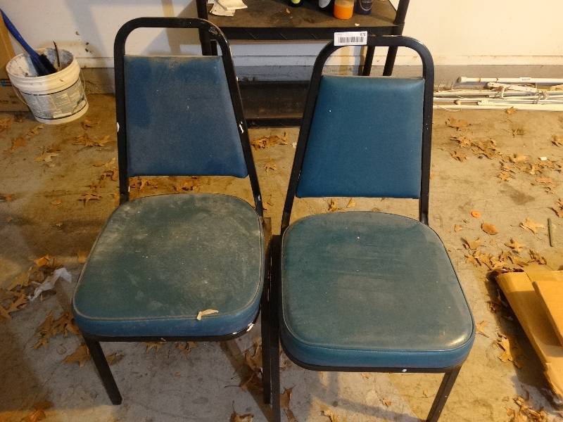 lot 978 image: 2 Black Metal Diner Chairs wBlue Upholstery.