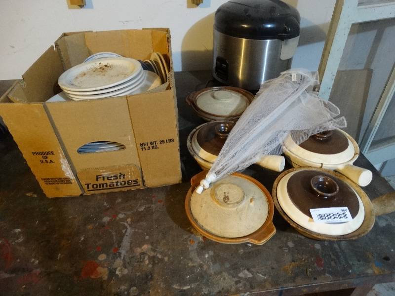 lot 980 image: Lot of Dishes, Fly Net, Crock Bowls, Rice Steamer.