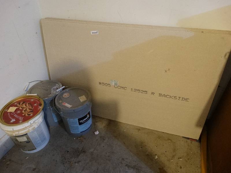 lot 985 image: 9 pcs. of Underlayment, Pc. of Drywall, & 3 Partial 5 Gal. Buckets of Paint.