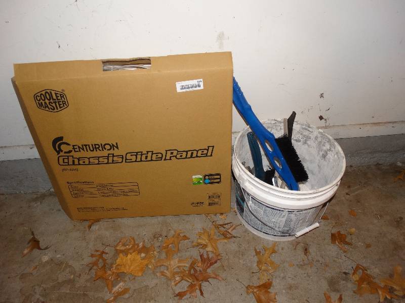 lot 989 image: Chassis Side Panel in Box, Ice Scrapers & Grease Gun - in Bucket.