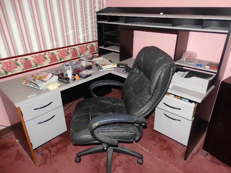 lot 1093 image: Large Desk wHutch Including All Contents & Rolling Office Chair.
