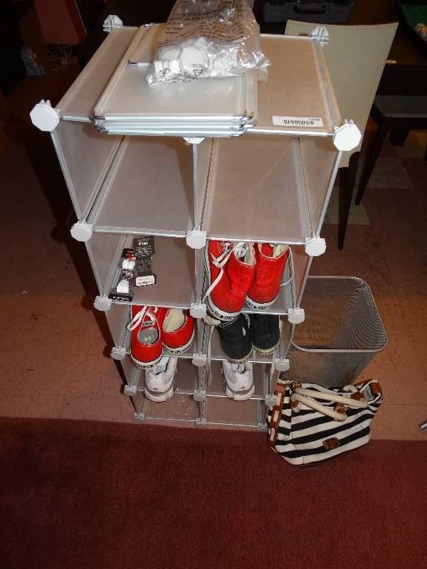 lot 1098 image: Adjustable Closet Organizer, All Shoes, Purse, Trash Can.