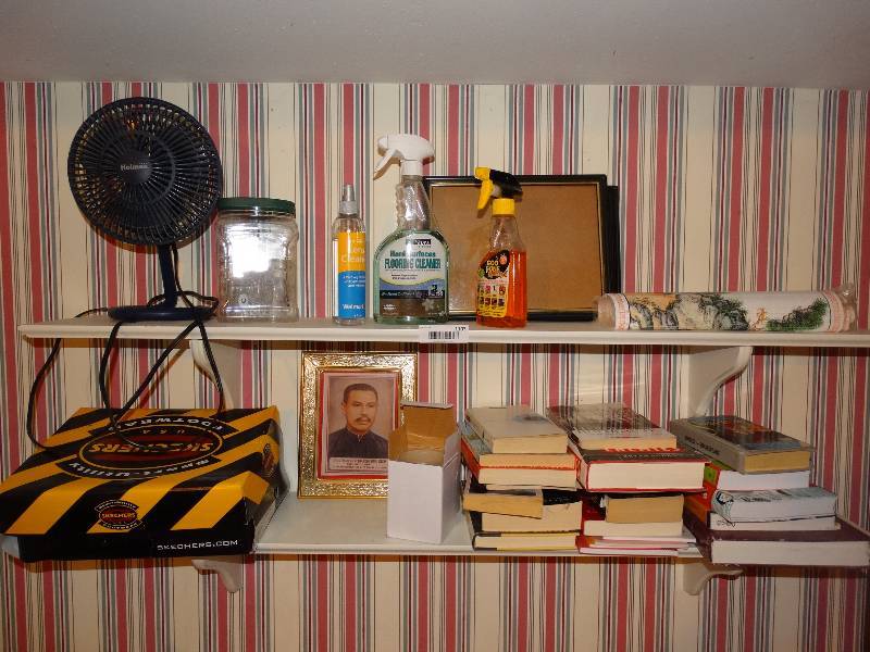 lot 1103 image: 2 White Wall Shelves & All Contents.