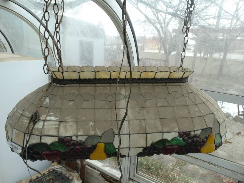 lot 1125 image: Glass Hanging Lamp wFruit Design - Needs Cleaned.