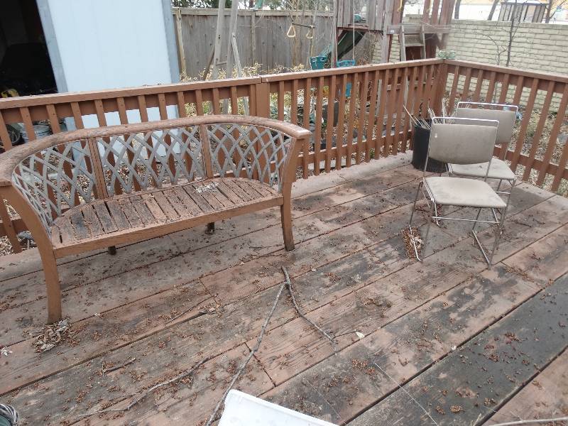 lot 1137 image: 2 Chairs & WoodMetal Bench on Deck, & Cement Planter.