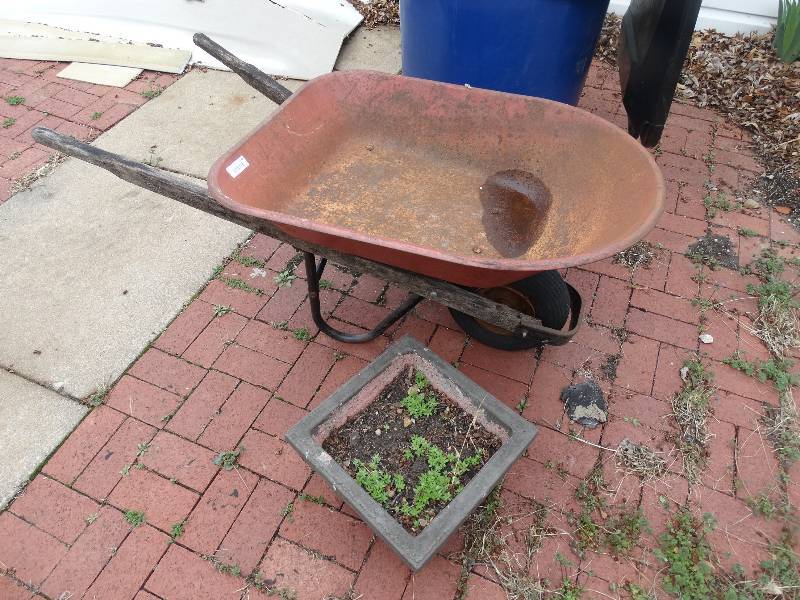 lot 1138 image: Red Wheelbarrow & Planter.