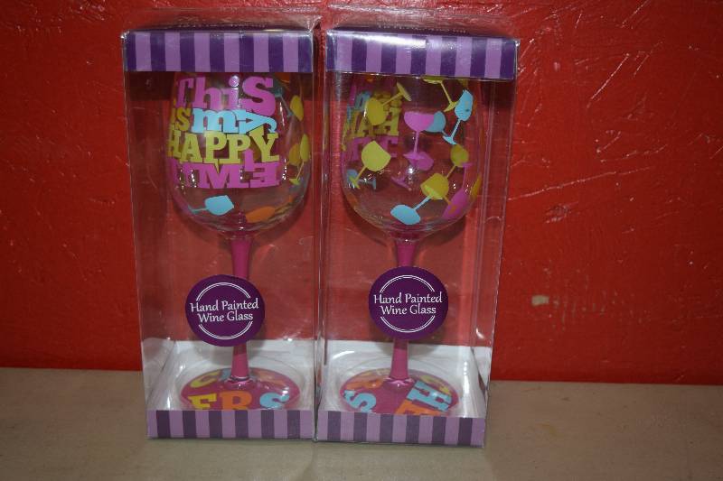 lot 230 image: 2 Raise the Bar Hand Painted Wine Glasses