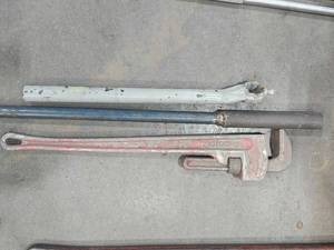 lot 48647 image: (3) Ridgid Pipe Wrench and Steel Pipe&nbsp