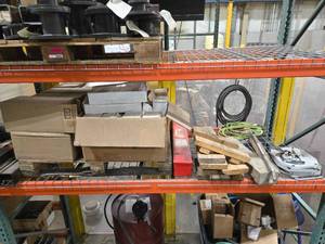 lot 34446 image: Contents of Shelf, Including Metal Plates, Wooden Planks, Cables and More&nbsp