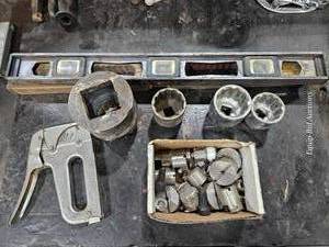 lot 48741 image: Vintage Tool Lot - Staple Gun, Sockets &amp Level&nbsp