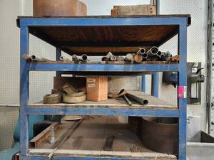 lot 20261 image: Industrial Steel Storage Rack with Wooden Shelves