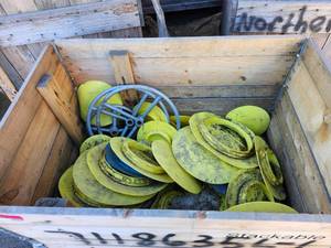 lot 50062 image: Industrial Stackable Wooden Storage Crate with Yellow Equipment&nbsp
