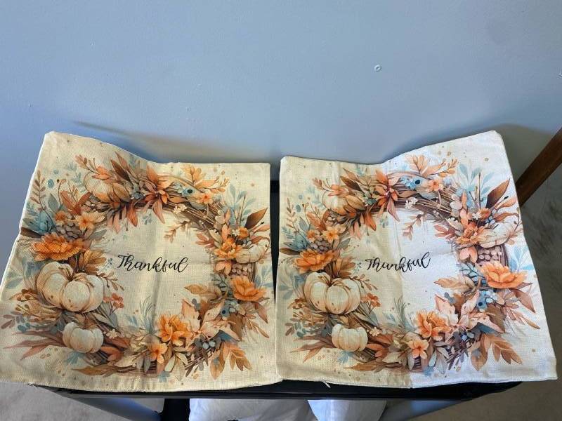 lot 2555 image: (2) Thankful Burlap Throw pillow cases