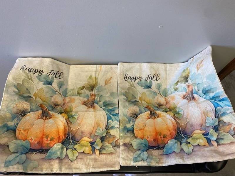 lot 2558 image: (2) Happy fall decorative burlap pillow cases 18x18in.